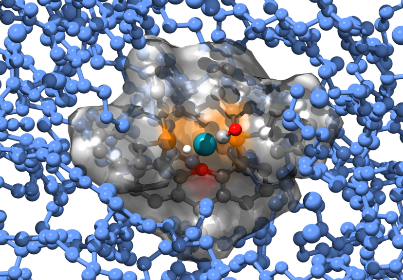 Xantphos based hydroformylation catalyst solvated in a Bis-polytethylene glycol-functionalized (mPEG) imidazolium based Ionic liquid. (image and research: Dr. Christian Wick, Physics Underlying Life Sciences PULS)